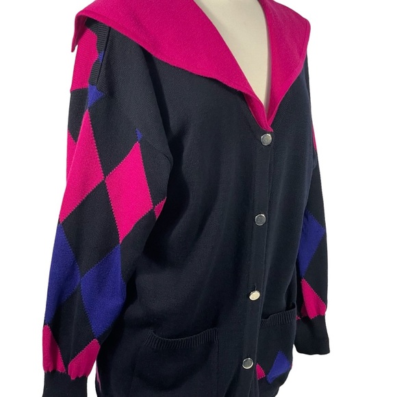 Vintage Laurel By Escada Wool Black Pink Blue Harlequin Diamond Cardigan Sz 42 - Picture 3 of 13